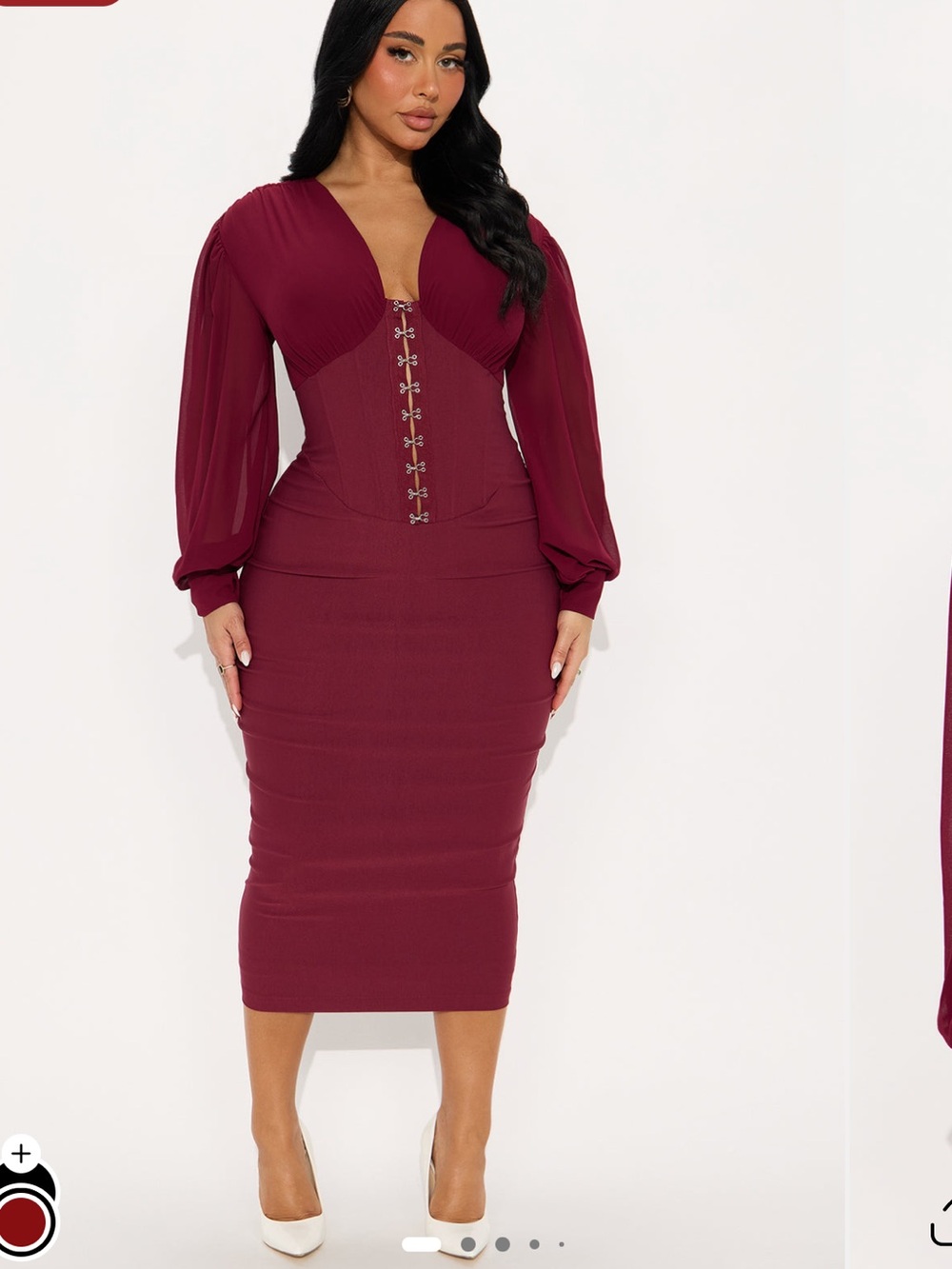 Fashion Nova Burgundy Corset-Front Chiffon Sleeve Midi Dress